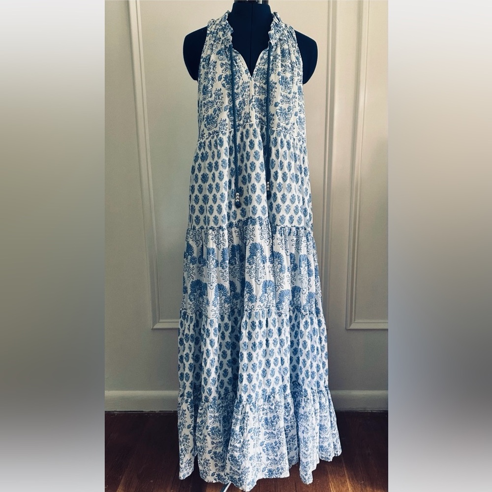 Calypso St. Barth Summer'25 Cotton Blue/White Rufled Tiered Maxi Sundress Sm NWT